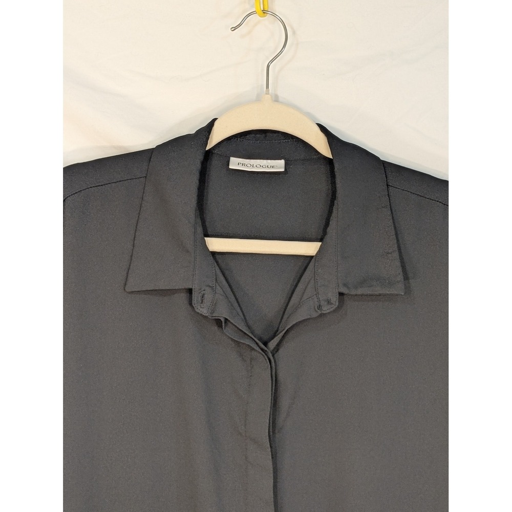Prologue Black Short Sleeve Drawstring Waist Button Down Blouse Top